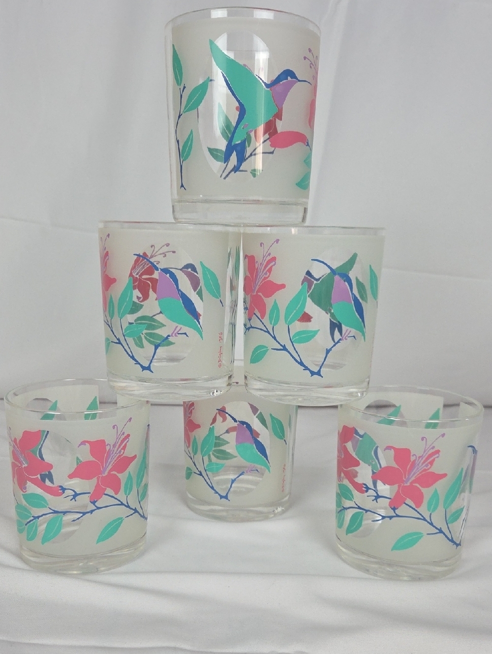 Set of 6 Floral Hummingbird Glass Tumblers - Pink & Teal
